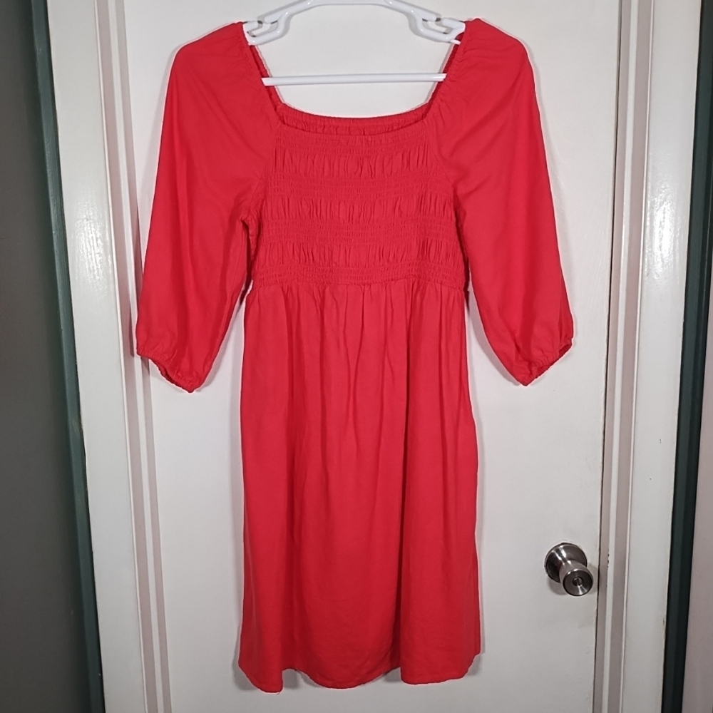 Isabel Maternity Dress S Bright Coral Linen Blend Pockets Knee Length Summer